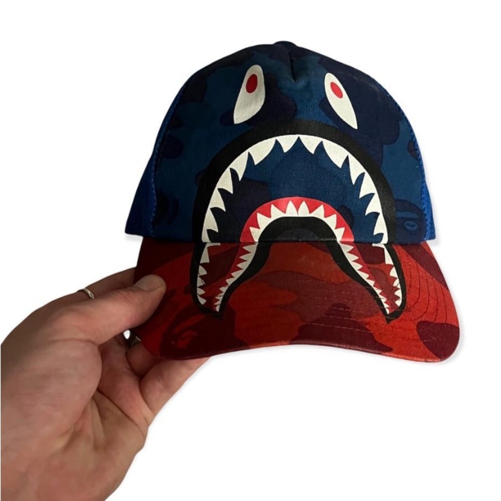 Bape Blue and Red Camo Shark Trucker Cap